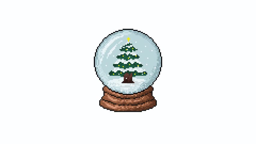 Pixel art of a snow globe with green Christmas tree, flashing Christmas tree lights and falling snow. perfect for seasonal designs, wallpaper, lofi background, Christmas cards, and winter themes.