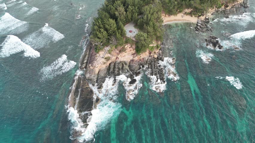 Aerial Drone View of Rocky Tropical Coastline in Sabah, Malaysia