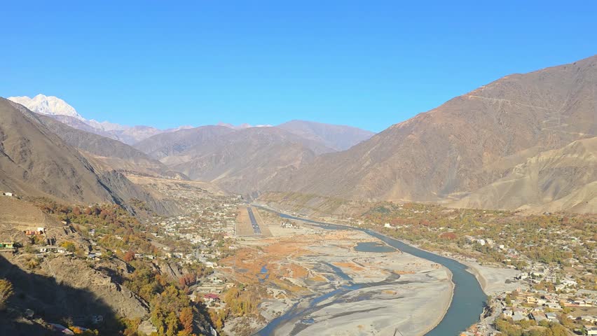 Chitral City View from Hilltop Northern Pakistan Mountain Valley Landscape 4k footage 