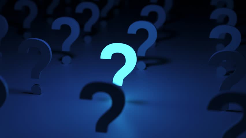 Bright, glowing question mark standing out in a crowd of dark question marks, representing a brilliant idea, solution, or answer to a problem in a conceptual blue illuminated. 3D Illustration