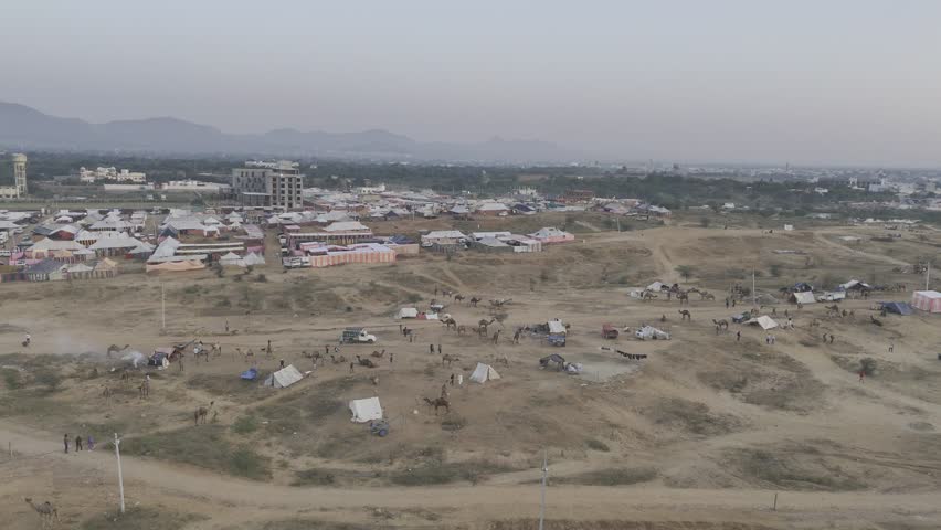 Aerial shot of Pushkar cattle fair ground during sunrise, showing camels and tents with the Aravalli mountains in the background under warm morning light.