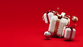 Merry Christmas looping video with Christmas gifts surrounded by festive decorations and copy space on a red background in 3D animation - Powered by Shutterstock - Get 15% off with code: PIKWIZARD15