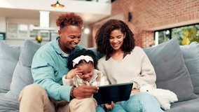 Parents, child or video call on sofa with tablet for bonding together, greeting or online communication. Happy family, daughter or wave with tech in home for virtual meeting, discussion or connection - Powered by Shutterstock - Get 15% off with code: PIKWIZARD15