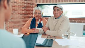 Elderly couple, documents and financial advisor for retirement, conversation or planning in home. Senior man, woman and finance consultant with tablet, paperwork and budget discussion for investment - Powered by Shutterstock - Get 15% off with code: PIKWIZARD15
