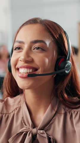 Woman, consultant and conversation with headset for online advice or communication in office. Female person, agent or discussion with mic for virtual assistance, help or telesales in call center