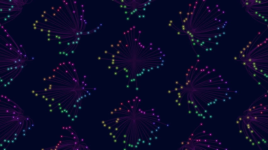 An intricate design featuring colorful circular dots connected by lines in a symmetrical arrangement on a dark backdrop, forming a repeating pattern of interconnected shapes