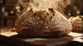 Steaming loaf of crusty bread fresh from oven footage - Powered by Shutterstock - Get 15% off with code: PIKWIZARD15