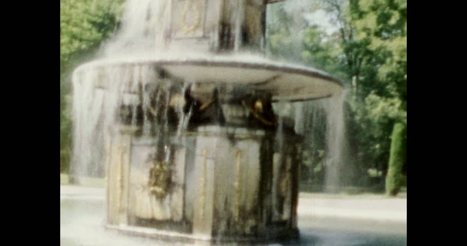 Close-Up Details of a Grand Tiered Fountain in a Soviet-Era Park, USSR. Vintage 8mm Film, Historic Architecture