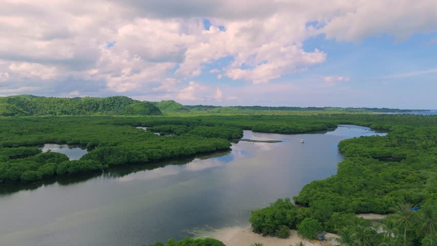 Aerial view of a winding river through dense mangrove forests, with green hills and a small white boat under a cloudy sky in Papua.