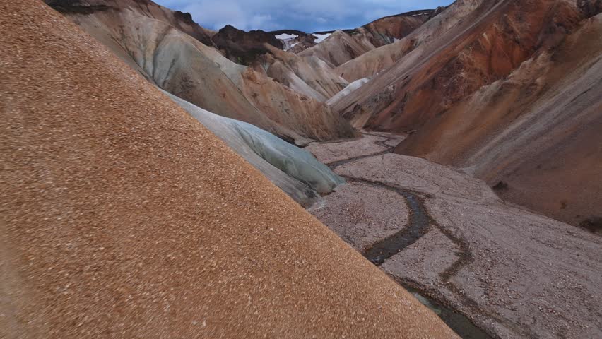 Aerial view of the rugged, multicolored Landmannalaugar mountains, where a winding river cuts through the textured landscape, Rangarping ytra, Iceland.