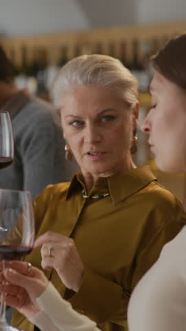 Vertical of multiethnic people holding glasses of red wine chatting while relaxing at wine tasting party in restaurant or bar