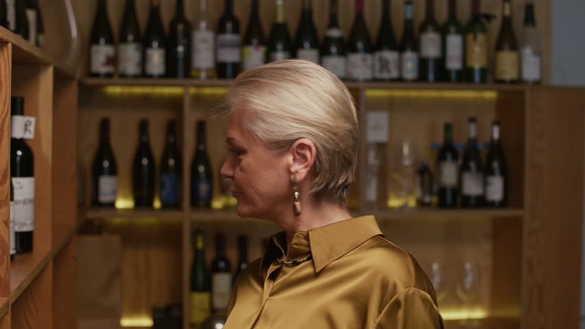Zoom out shot of elegant Caucasian mature female customer looking at wine collection on shelves and asking questions to middle-aged male sommelier in classic suit vest while choosing wine