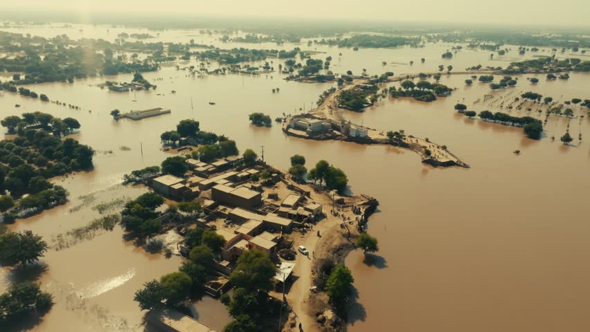 Drone footage towards flooded residential area, panning and facing sun direction making scene very bright, with several dry land patches. Pakistan.