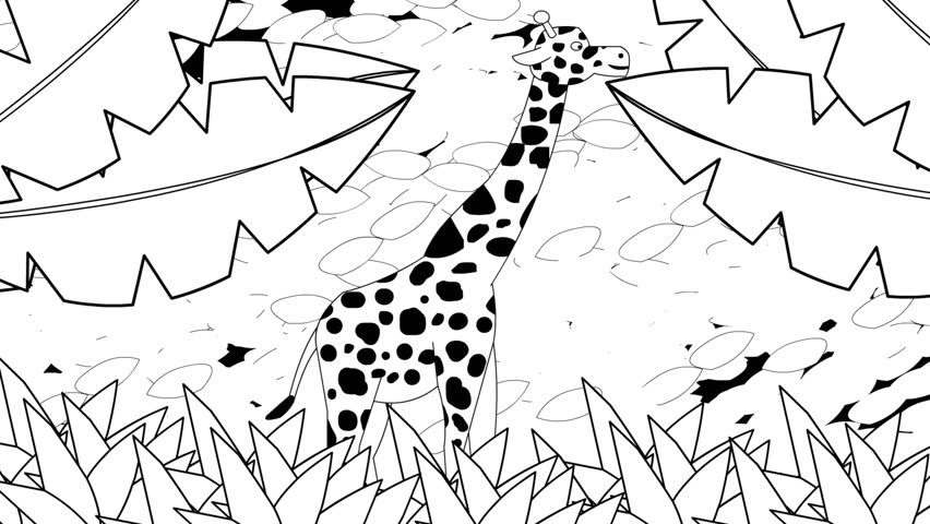 Animated video of a giraffe in black and white cartoon style, art, animal, 2D.