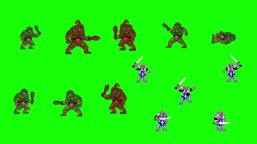 Animated video of several ogres and medieval soldiers in pixel art style on a green background, art, 2D, game.