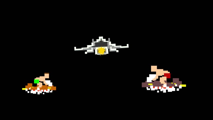 Animated video of two speedboats and a jet plane in pixel art style on a black background, art, 2D, game.