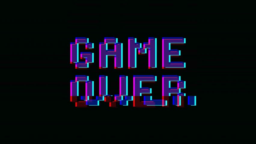 Dynamic Game Over text animation with vibrant RGB glitch effects and digital distortion on a black background.