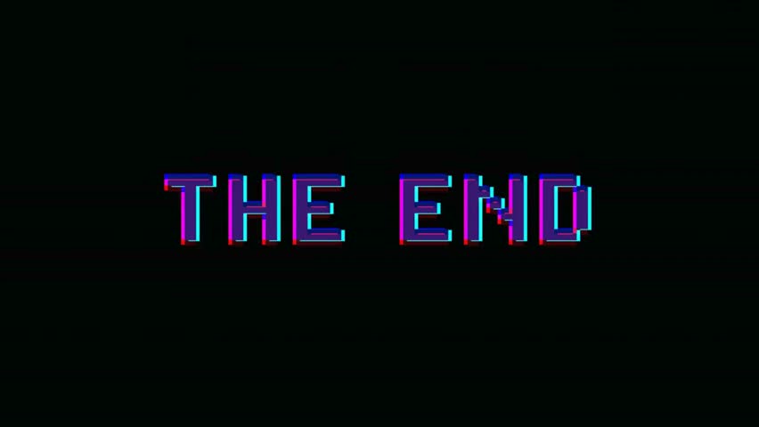 Dynamic The end text animation with vibrant RGB glitch effects and digital distortion on a black background.