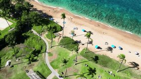 Low aerial shows a lively beach with umbrellas and chairs beside palms and surf - Powered by Shutterstock - Get 15% off with code: PIKWIZARD15