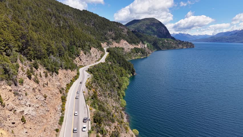 Aerial view of the start of the famous "Route of the 7 Lakes" on the shores of Lake Lacar. Route 40