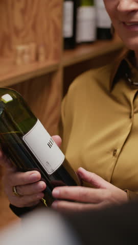 Vertical shot of mature Caucasian female customer holding bottle of collection wine and talking to unrecognizable wine consultant in beverage store
