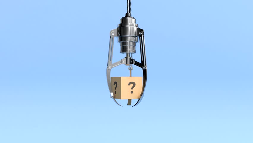 The claw machine is grabbing a mystery box marked with a question mark.