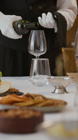Vertical slowmo shot of middle-aged Caucasian male sommelier in elegant outfit pouring red wine into glass to Black male customer sitting at table in luxurious restaurant