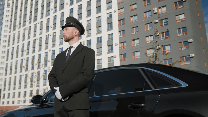 Male personal driver in black suit and chauffeur cap awaiting beside car in parking lot, providing high standard of customer service for business clients, slow motion