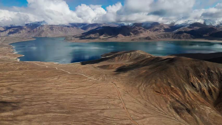 Aerial Yashilkul and Bulunkul high-altitude alpine lakes in the Pamir Mountains of southeastern Tajikistan Gorno-Badakhshan Autonomous Province