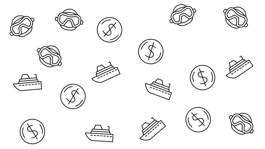 Pattern of pretzels, dollar coins, and cruise ship icons. Perfect for travel blog posts, financial articles, foodrelated designs, and tourism promotions.	
