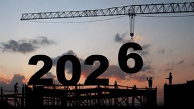 crane lifting number 6 come down to 2026 , prepare for welcome start of beginning new year 2026 with silhouette construction site and worker staff team cooperate together , sunrise sky at background - Powered by Shutterstock - Get 15% off with code: PIKWIZARD15