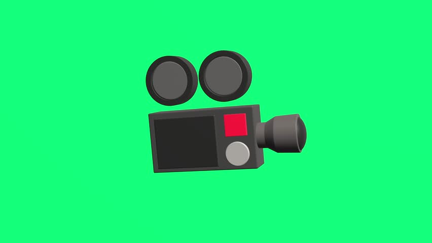 4K motion graphic 3D animation of film camera icon rotating on chroma key green screen background.