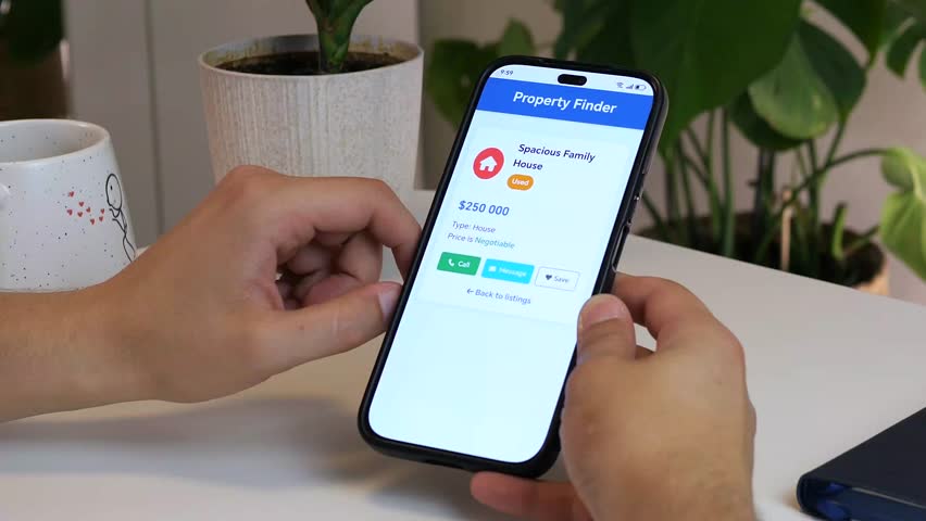 This video illustrates a key step in the digital home search process. A potential buyers hand interacts with a real estate app, bookmarking a promising family house and exploring other options.