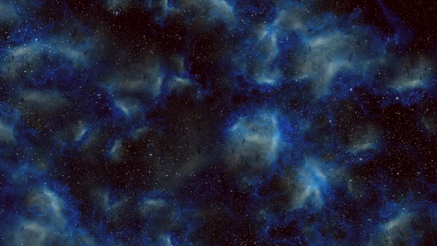 Close-up of a striking blue and black nebula in space, showcasing swirling clouds of gas and dust surrounded by distant stars and celestial features