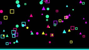 Retro 90s style motion background. Neon geometric shapes (squares, circles, triangles) float over a glowing horizontal cyan light. Fun, seamless loop for party and abstract themes. - Powered by Shutterstock - Get 15% off with code: PIKWIZARD15