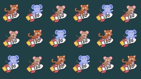 Seamless pattern of cartoon animals riding a rocket for business speed and growth in a tile background animation. Repeating wallpaper with a mouse, a cat, and an elephant on rocket ship symbols. - Powered by Shutterstock - Get 15% off with code: PIKWIZARD15