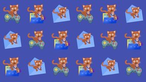 Seamless pattern of cartoon cat, gaming, and digital security icons in a tile background animation. Repeating wallpaper with game controller, secure email, and password symbols. Cybersecurity backdrop - Powered by Shutterstock - Get 15% off with code: PIKWIZARD15
