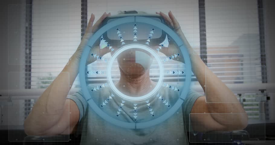 Senior woman lifting VR headset, swiping HUD in tech demo and showing globe chart code widgets. Holographic, interface, virtual, display, gestures, interaction, office