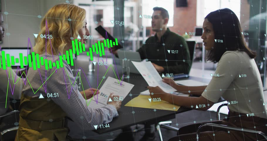 2 women exchanging reports in office, discussing finance, animated candlesticks highlighting charts. Boardroom, collaboration, teamwork, professionals, analytics, data, graphs