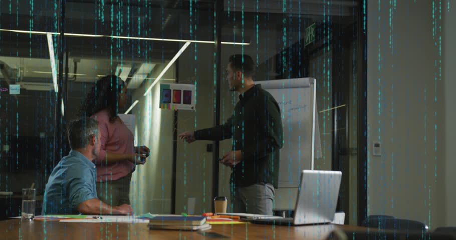 Woman showing swatch and causing presenter writing on chart for design decision, green-blue overlay. Collaboration, meeting, conference, office, palette, planning, flipchart