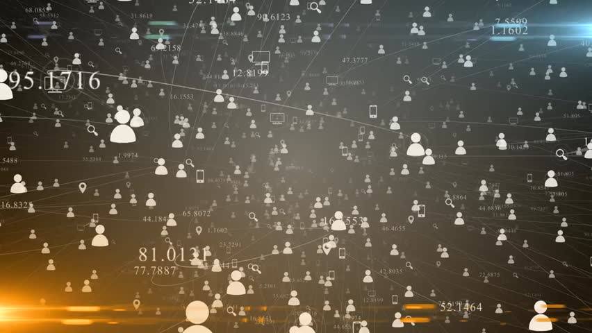 Animated concept of people connected through social media and technology networks, featuring icons and digital links representing communication, networking, and online interaction.