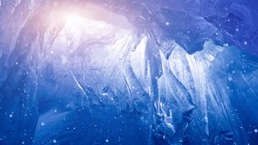 Fairy blue ice cave in Antarctica filled with icicles, bathed in soft pink sunset light, with gentle snow falling, creating a magical and serene 4K slow-motion scene. - Powered by Shutterstock - Get 15% off with code: PIKWIZARD15