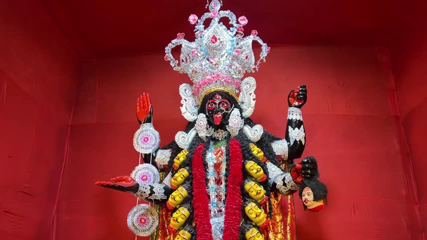 Beautiful Kali Maa idol with red background in Kolkata
