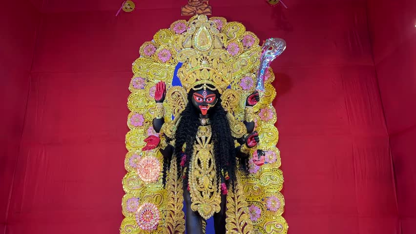 Maa Kali Idol in a golden decoration in a Pandal in Kolkata 