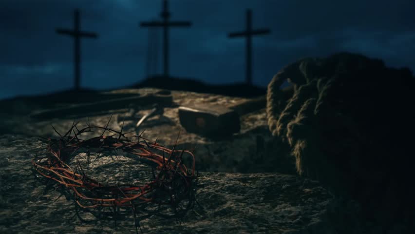 A dramatic night scene of the Crown of Thorns on Calvary Hill, illuminated by flashes of lightning, symbolizing sacrifice, faith, and the powerful atmosphere of the moment.
