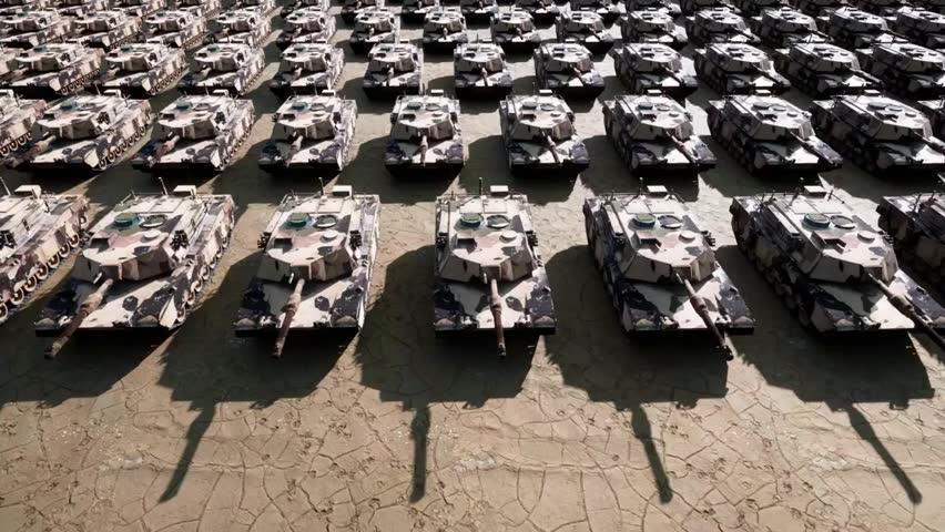 Aerial view of hundreds of military armored tanks lined up, showcasing army readiness, defense operations, and strategic deployment for warfare.