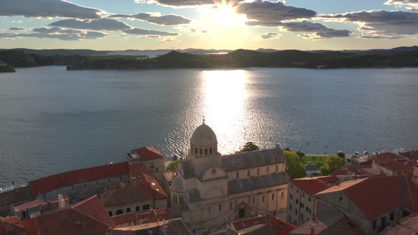 Saint James Cathedral in Sibenik, Croatia, A UNESCO World Heritage Site, Old buildings, terracotta rooftops. Aerial View