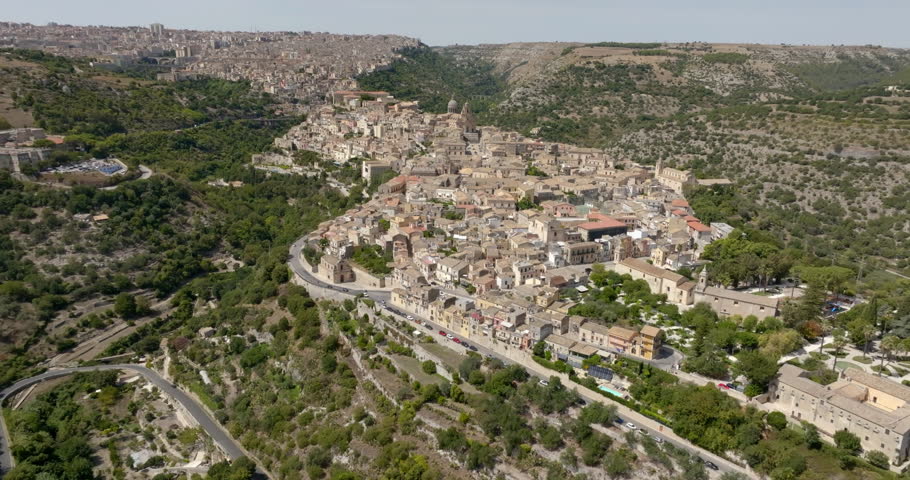 Aerial view of the historic center of Ragusa, Sicily, Italy. At the center of the neighborhood, called Ibla, is the Cathedral of San Giorgio. It