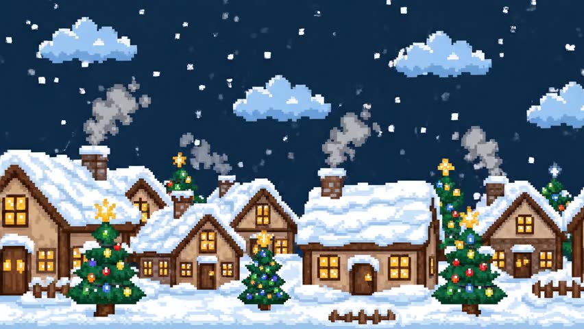 A seamless looping Christmas background in miniature 8-bit pixel art style featuring a cozy snowy village, warm glowing windows, falling pixel snow, and festive holiday lights.