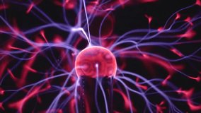 Glowing plasma filaments stretch from the center of a plasma ball, emitting vibrant purple and red electric arcs against a dark background. - Powered by Shutterstock - Get 15% off with code: PIKWIZARD15